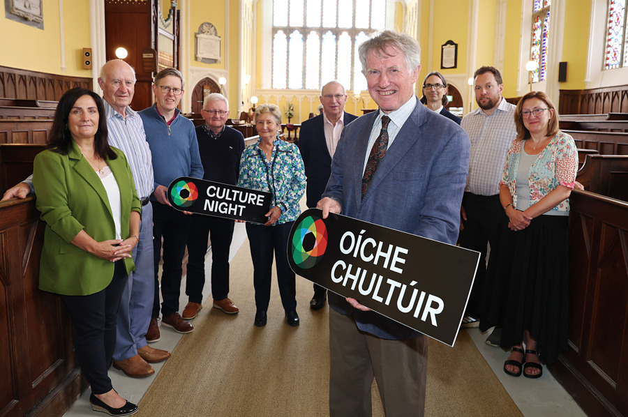 Pictured at Collon Church for the launch of the Louth Culture Night 2026 programme are John Rowntree of Friends of Collon Church, members of the Friends of Collon Church committee, Cllr Dolores Minogue, Cathaoirleach of Louth County Council (first left), musician and broadcaster Brian McIvor (sixth left), Ger Murphy of Louth County Council (third right) and Louth County Council Arts Officer, Moya Hodgers (first right).