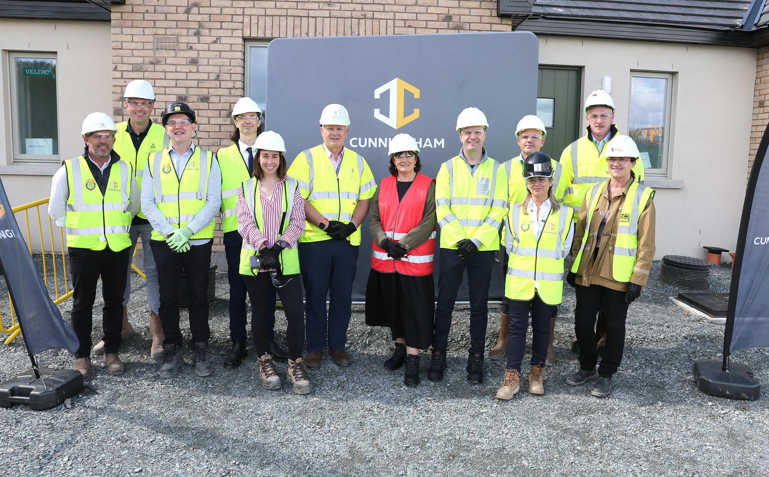 Darren Carroll, Contracts Manager, Cunningham Contracts Limited; David Fallon, Assistant Engineer, Louth County Council; Alan Little, Technical & Procurement Director, Cunningham Contracts; Ger Murphy, Director of Housing and Culture Delivery Services, Louth County Council; Rachel Hamilton, Senior Executive Architect, Louth County Council; David Conway, Chief Executive of Louth County Council; Cllr Michelle Hall, Mayor of Drogheda; Cllr Sean Kelly, Cathaoirleach of Louth County Council; Declan Grimes, Senior Engineer, Louth County Council; Lisa Murtagh, Chief Operations Officer, Cunningham Contracts Ltd; Declan Gaffney, National Technical Programme Manager with Age Friendly Ireland; and Denis Curtis, Associate Director, Van Dijk Architects Greenhills-Grange