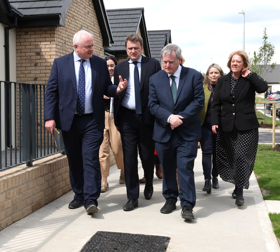 Minister James Browne and Minister of State Kieran O'Donnell tour Greenhills Grange Age Friendly Housing Scheme in Drogheda accompanied by Chief Executive David Conway