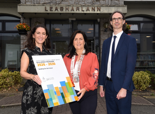 Amanda Branigan, County Librarian and Head of Cultural Services, Louth County Council; Cathaoirleach of Louth County Council, Cllr Dolores Minogue; and Ger Murphy, Director of Services, Louth County Council, pictured at the launch of the Louth County Council Library Service Development Programme 2026-2030: Building for the Future at Ardee Library.