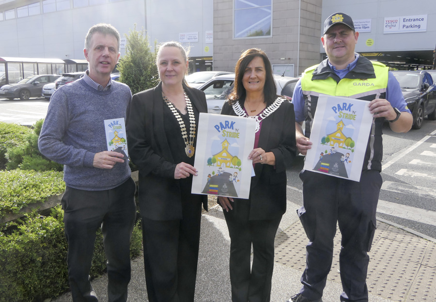 L-R: Adrian O’Sullivan, Road Safety Officer, Louth County Council; Hannah McDonnell, President, Dundalk Chamber; Cllr Dolores Minogue, Cathaoirleach of Louth County Council; and Garda Darragh Prior, Community Policing Unit, at the launch of Park ‘n’ Stride in Dundalk.