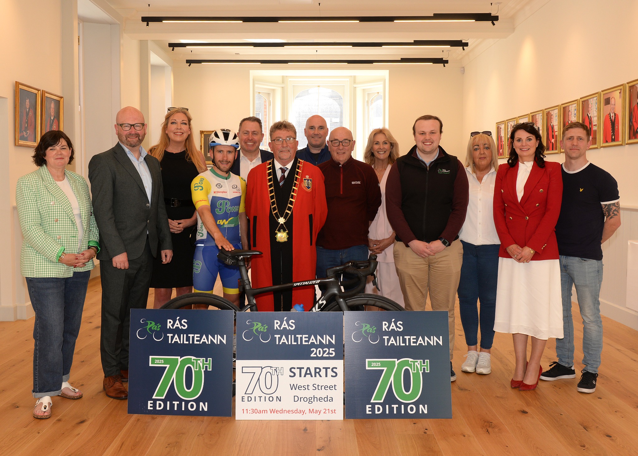 Cllr Michelle Hall, Ged Nash TD, Sarah Taaffe (Love Drogheda BIDS), Kevin Leech Jons (Drogheda Wheelers Cycling Team), Cllr Declan Power, Mayor of Drogheda, Cllr Paddy McQuillan, Cllr James Byrne, Race Director Gerard Campbell, Senator Alison Comyn, Gearoid Campbell (Rás Tailteann PR), Cllr Debbie McCole, Cllr Anne-Marie Ford and Cllr Eric Donovan at the launch of Rás Tailteann 2025 in the Drogheda Civic Offices. Photo: Colin Bell Photography Ras-Tailteann-2025