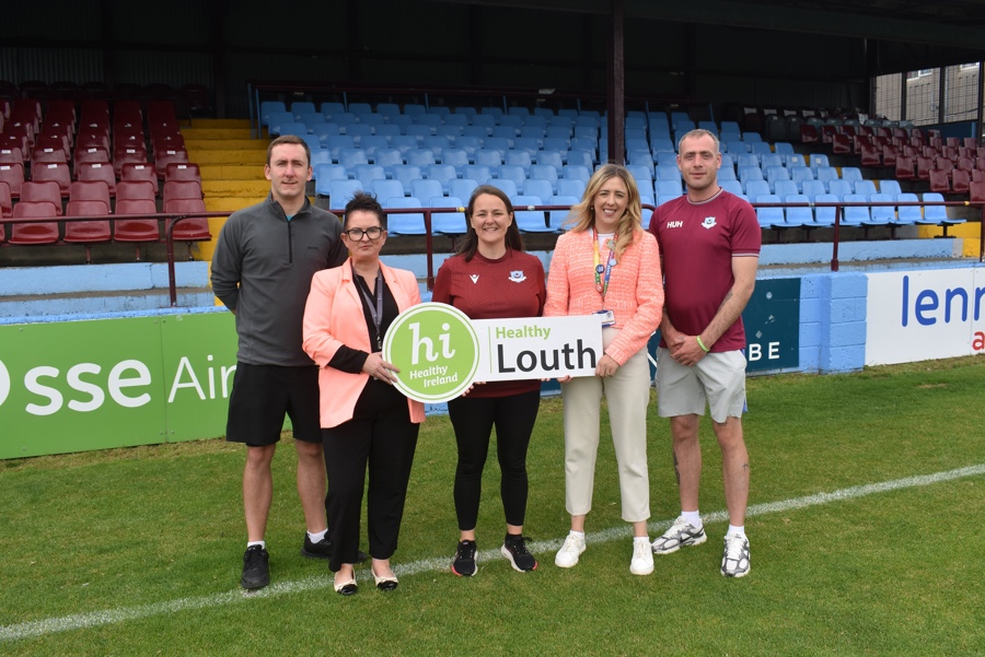 L-R: Colin McKenna; Rachel Finegan, Healthy Louth Coordinator, Louth County Council; Aoife Burns, Social and Environmental Sustainability (SES) Officer with Drogheda United FC; Alison Caldwell, Sláintecare Local Development Officer (Drogheda), Louth County Council; and Aiden Russell, pictured at the launch of the Homeless Street League Programme at Sullivan and Lambe Park.